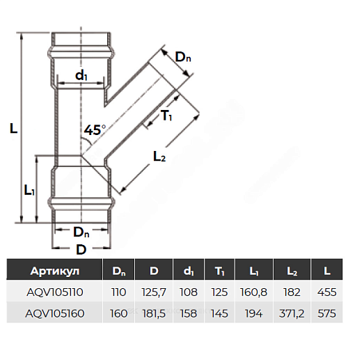 Тройник НПВХ серый SDR26 Дн 160х45гр Ру10 раструбный напорный в/к Aquaviva AQV105160 Тройник НПВХ серый SDR26 Дн 160х45гр Ру10 раструбный напорный в/к Aquaviva AQV105160