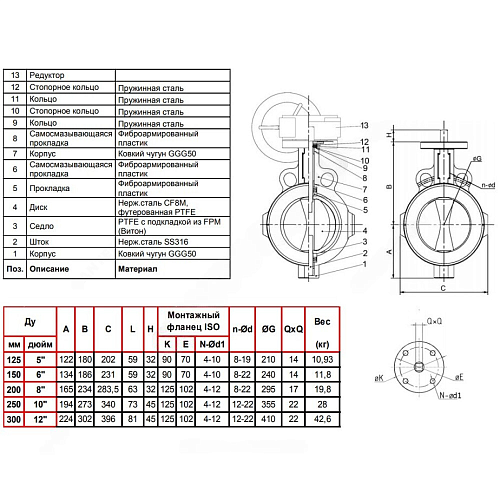 Затвор дисковый поворотный чугун VP4449R-08PTFE Ду 300 Ру10 межфл с редуктором диск нерж манжета PTFE Tecofi VP4449R-08PTFE0300